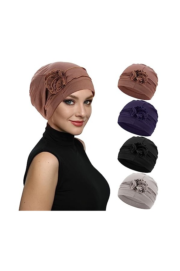 XEPST 4 Pièces Turban Femme Cancer Musulmanes Bonnet, Chimiothérapie Oncologique Stretch Chapeaux Bonnet Nuit Bonnet Chimio p