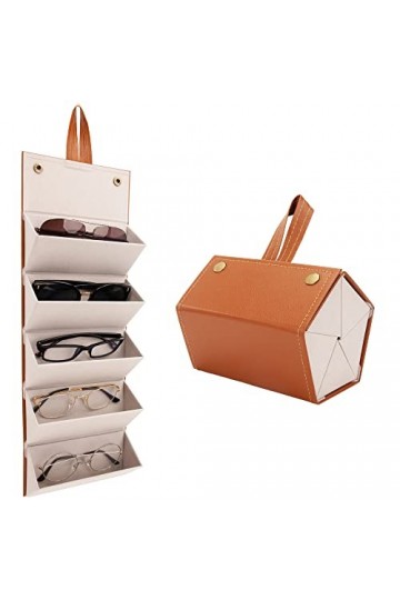 Organisateur de Lunettes de Soleil Portable Brun Boîte de Rangement Lunettes Suspendu Mural Pliable Cuir PU pour Femmes Homme