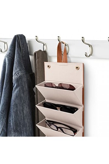 Organisateur de Lunettes de Soleil Portable Brun Boîte de Rangement Lunettes Suspendu Mural Pliable Cuir PU pour Femmes Homme