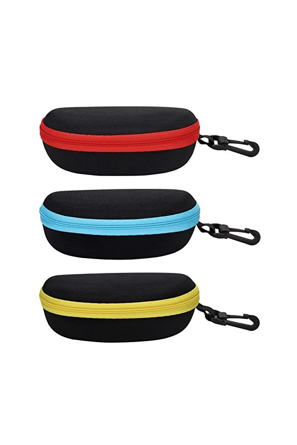 molshine Lot de 3 étuis à lunettes rigides portables avec fermeture éclair et crochet pour homme et femme, Rouge, jaune et bl