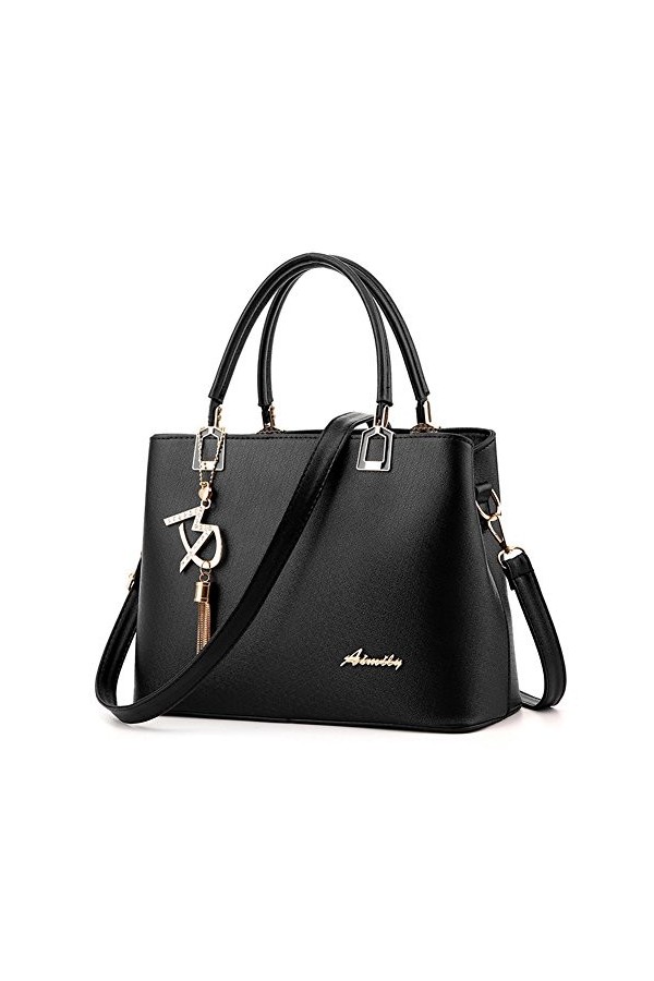 Sac à Main Porté Epaule Femme Sac Main Cuir Sac Bandouliere Cabas Fourre Tout Sac Cuir PU Noir