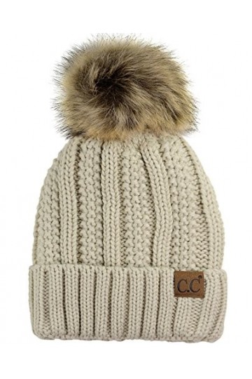 C.C Bonnet épais en fausse fourrure avec doublure en polaire et motif tête de mort, beige, Taille unique