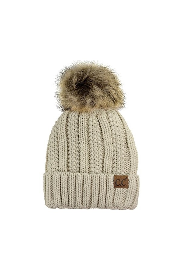 C.C Bonnet épais en fausse fourrure avec doublure en polaire et motif tête de mort, beige, Taille unique