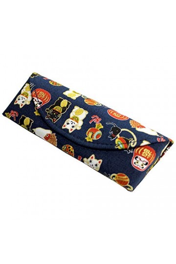 Étui à lunettes traditionnel japonais en tissu Motif poupée Daruma Bleu marine
