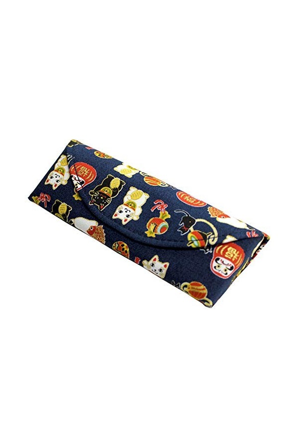 Étui à lunettes traditionnel japonais en tissu Motif poupée Daruma Bleu marine