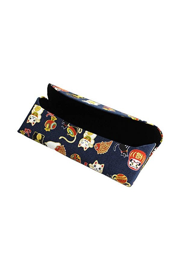 Étui à lunettes traditionnel japonais en tissu Motif poupée Daruma Bleu marine
