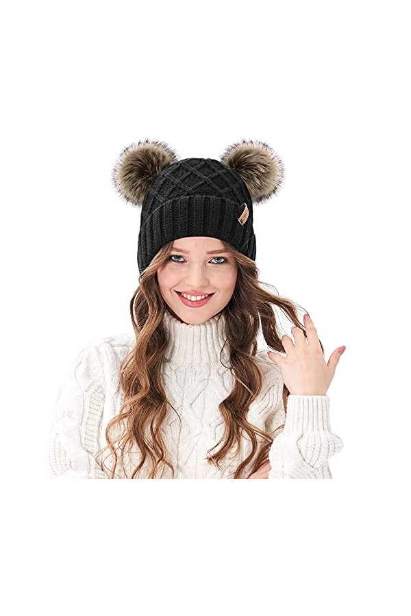 Arctic Paw Bonnet dhiver à Pompons pour Femme Doublure Polaire - - Taille Unique