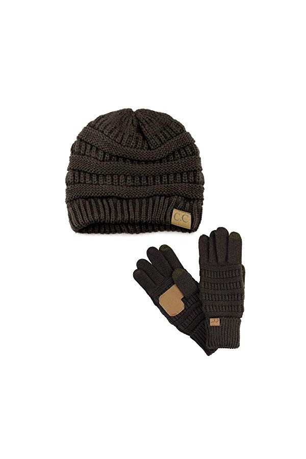 C.C Bonnet unisexe dhiver, doux et extensible, à gros fils tricotés avec gants tactiles assortis, Marron