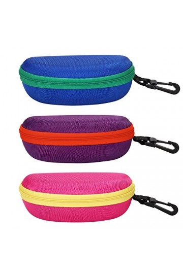 MOLSHINE Lot de 3 étuis à lunettes rigides portables avec fermeture éclair et crochet pour homme et femme, Bleu, rose et viol