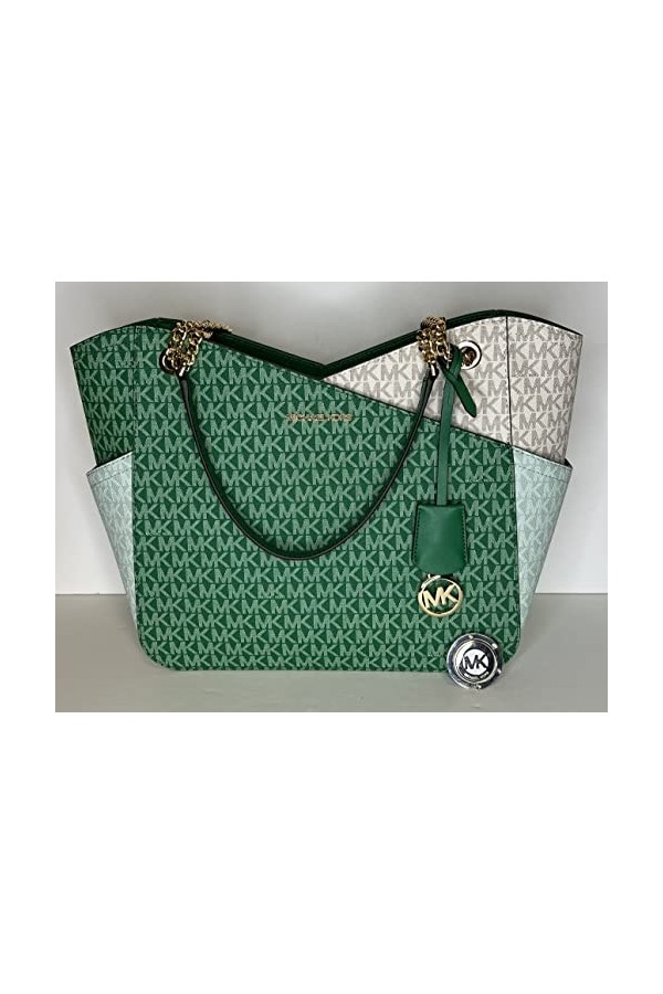 Michael Kors Jet Set Travel Grande chaîne dépaule fourre-tout avec crochet pour sac à main, Palmetto Green Mk Colorblock, La