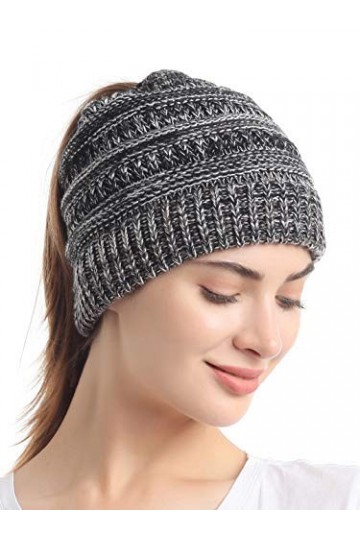 soul young Bonnet Femme Tricot Queue de Cheval Hiver Câble Chapeau avec Trou Messy Bun Beanie Chignon Hat Taille Unique,3 Ton