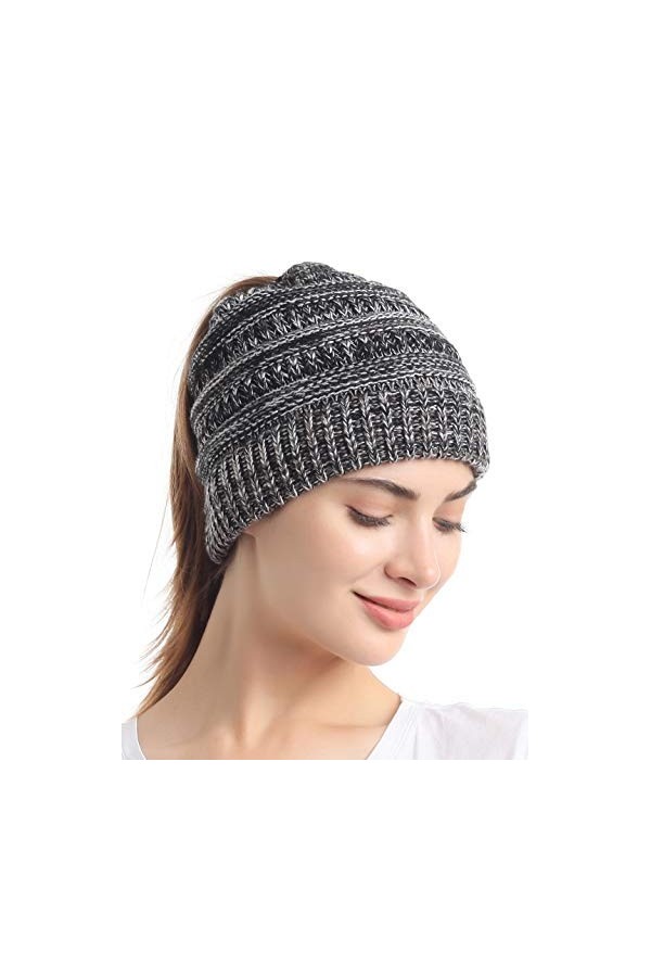 soul young Bonnet Femme Tricot Queue de Cheval Hiver Câble Chapeau avec Trou Messy Bun Beanie Chignon Hat Taille Unique,3 Ton