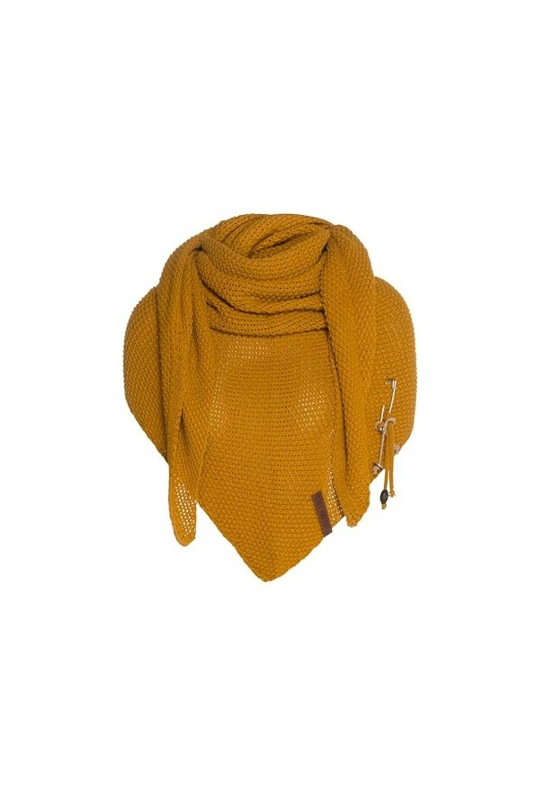 Knit Factory Coco Châle Tricoté - Foulard Triangle - Écharpe Femme - Ocre - 190x85 cm - Y compris la broche décorative