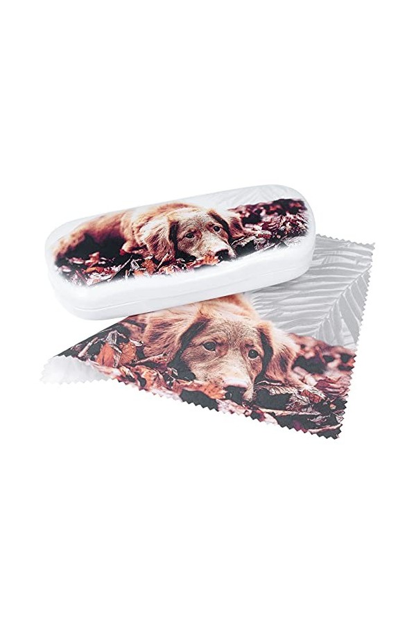 Étui à lunettes robuste en aluminium avec housse blanche et motifs mignons avec animaux + chiffon en microfibre au choix ave