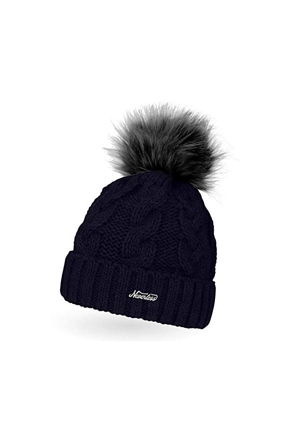 Neverless - Bonnet tricoté avec pompon en fourrure synthétique pour femme, taille unique