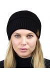 C.C Bonnet unisexe épais et doux en tricot torsadé chaud doublé, Black With Hair Tie, Taille unique