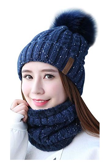 IYEBRAO Bonnet dhiver en tricot pour femme avec pompons - Bleu - Taille unique