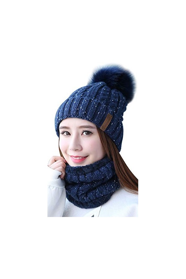 IYEBRAO Bonnet dhiver en tricot pour femme avec pompons - Bleu - Taille unique