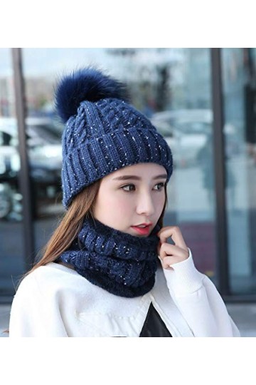 IYEBRAO Bonnet dhiver en tricot pour femme avec pompons - Bleu - Taille unique
