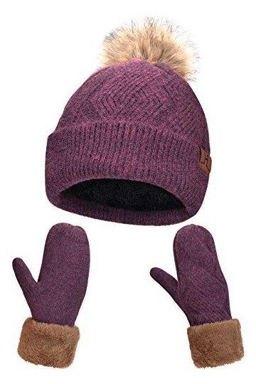 Bonnet et Gants Femme Hiver Chic avec Doublés en Polaire, Ski Bonnets Pompon Fourrure et Mitaines en Tricot Thermique Dames, 