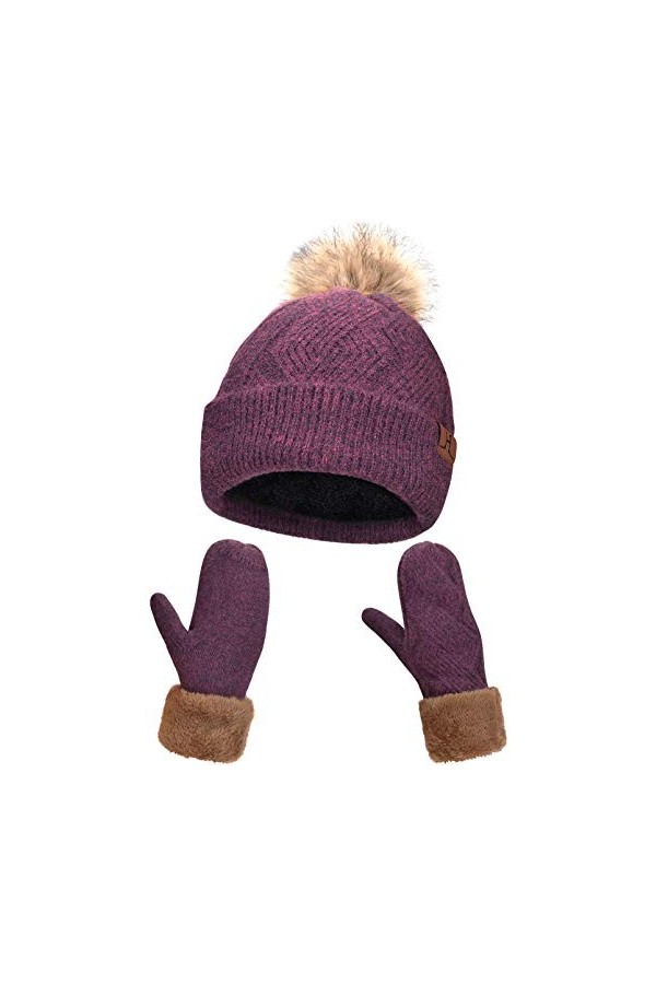 Bonnet et Gants Femme Hiver Chic avec Doublés en Polaire, Ski Bonnets Pompon Fourrure et Mitaines en Tricot Thermique Dames,
