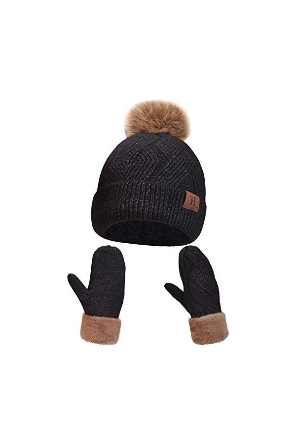 Bonnet et Gants Femme Hiver Chic avec Doublés en Polaire, Ski Bonnets Pompon Fourrure et Mitaines en Tricot Thermique Dames, 