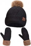 Bonnet et Gants Femme Hiver Chic avec Doublés en Polaire, Ski Bonnets Pompon Fourrure et Mitaines en Tricot Thermique Dames, 