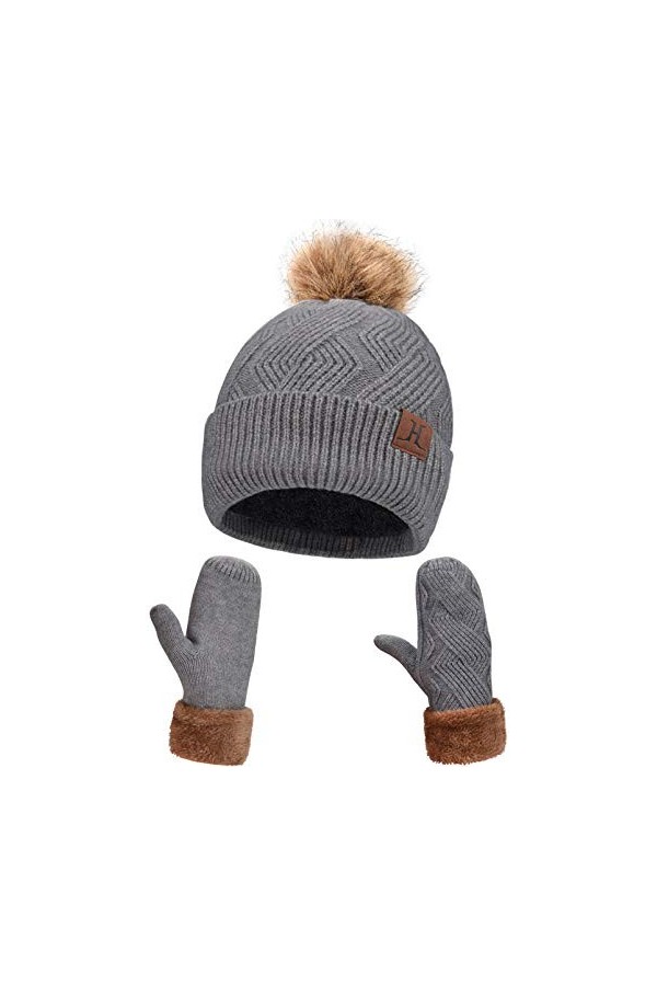 Bonnet et Gants Femme Hiver Chic avec Doublés en Polaire, Ski Bonnets Pompon Fourrure et Mitaines en Tricot Thermique Dames, 