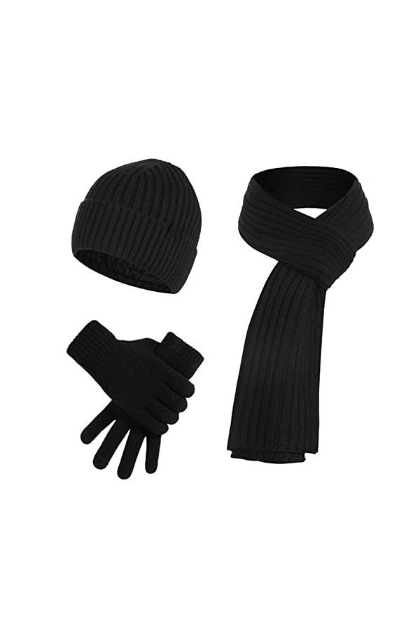 Hiver Chapeau Écharpe Gants Ensemble, Chaud Tricoter Bonnet Chapeau écran Tactile Gants et Longue Echarpe Ensemble pour Homme
