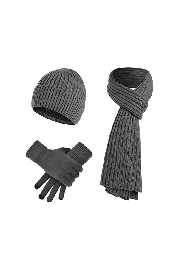 Hiver Chapeau Écharpe Gants Ensemble, Chaud Tricoter Bonnet Chapeau écran Tactile Gants et Longue Echarpe Ensemble pour Homme