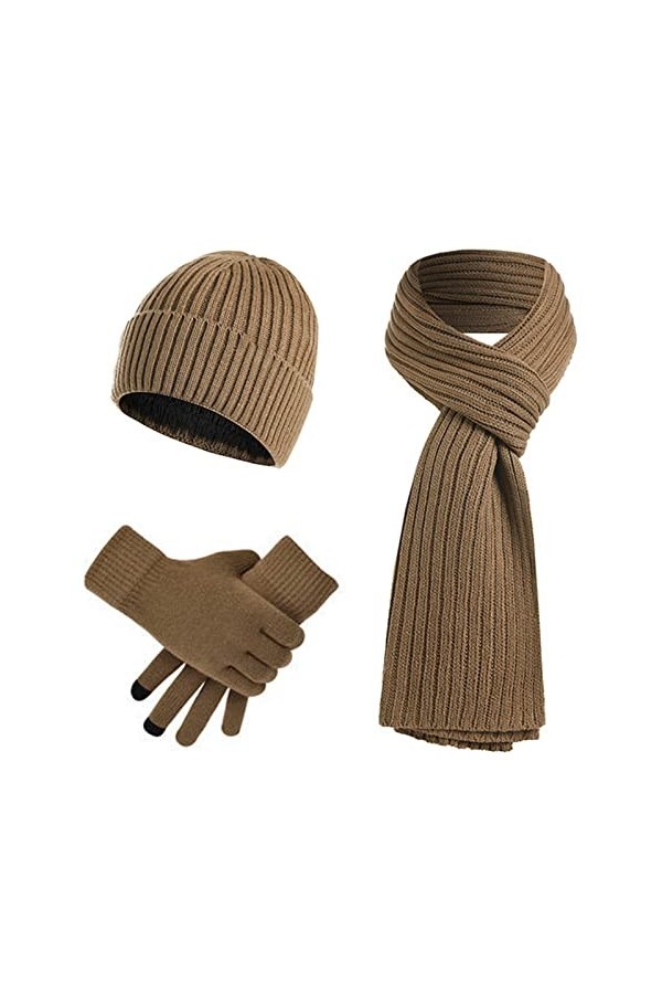 Hiver Chapeau Écharpe Gants Ensemble, Chaud Tricoter Bonnet Chapeau écran Tactile Gants et Longue Echarpe Ensemble pour Homme