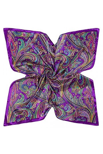 DAMILY Femmes Écharpe Bandana avec Motif Coloré Feuille Soie Aimer Grand Carré Satiné Foulard Tête 90 * 90cm Violet 