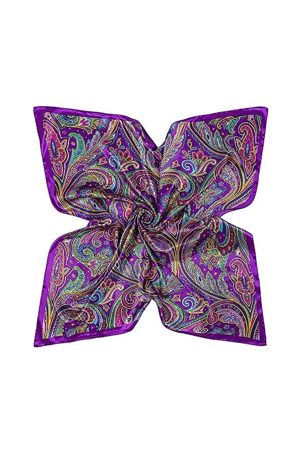 DAMILY Femmes Écharpe Bandana avec Motif Coloré Feuille Soie Aimer Grand Carré Satiné Foulard Tête 90 * 90cm Violet 