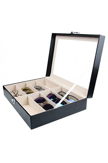 Tebery Boîte à lunettes avec vitrine en verre pour 8 paires de lunettes, rangement de lunettes et présentation, en cuir synth