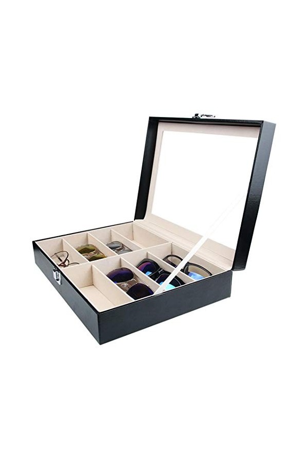 Tebery Boîte à lunettes avec vitrine en verre pour 8 paires de lunettes, rangement de lunettes et présentation, en cuir synth