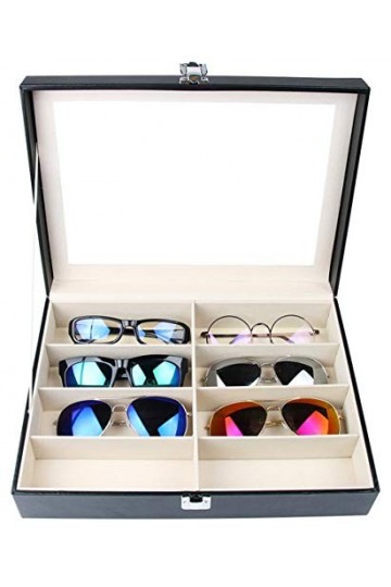 Tebery Boîte à lunettes avec vitrine en verre pour 8 paires de lunettes, rangement de lunettes et présentation, en cuir synth