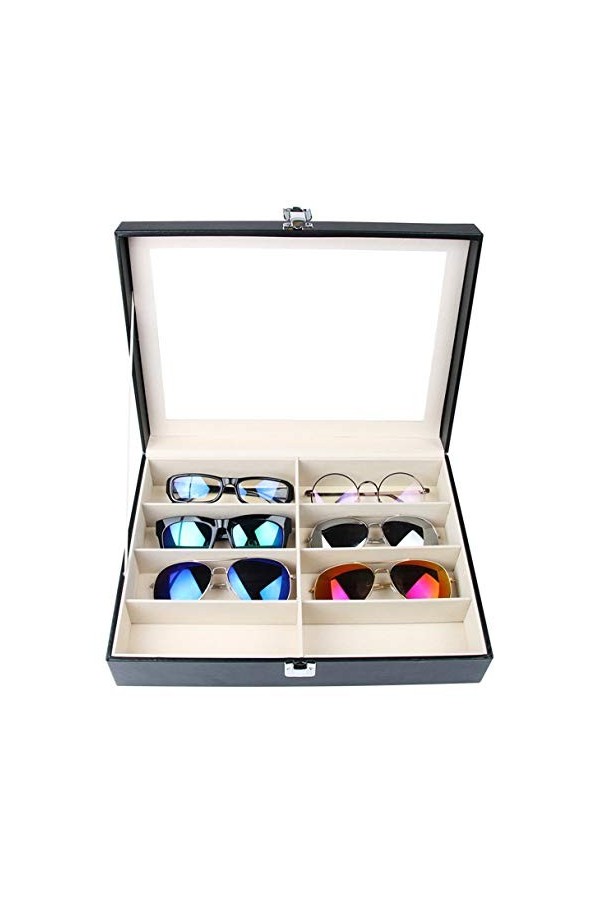Tebery Boîte à lunettes avec vitrine en verre pour 8 paires de lunettes, rangement de lunettes et présentation, en cuir synth