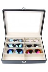 Tebery Boîte à lunettes avec vitrine en verre pour 8 paires de lunettes, rangement de lunettes et présentation, en cuir synth