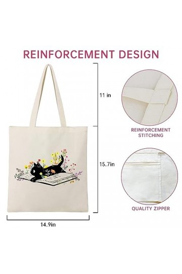 Andeiltech Sac fourre-tout en toile pour femme - Esthétique - Motif chat mignon - Réutilisable - Avec fermeture éclair intéri