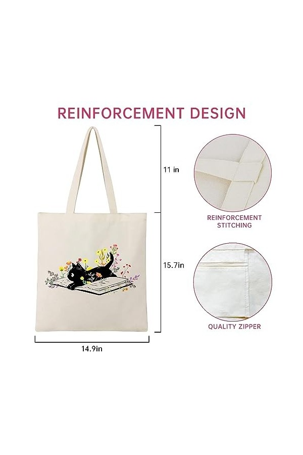 Andeiltech Sac fourre-tout en toile pour femme - Esthétique - Motif chat mignon - Réutilisable - Avec fermeture éclair intéri