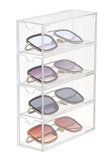 HOJKMA Boîte de rangement transparente en acrylique pour lunettes de soleil, 4 tiroirs, empilable, boîte de rangement pour lu