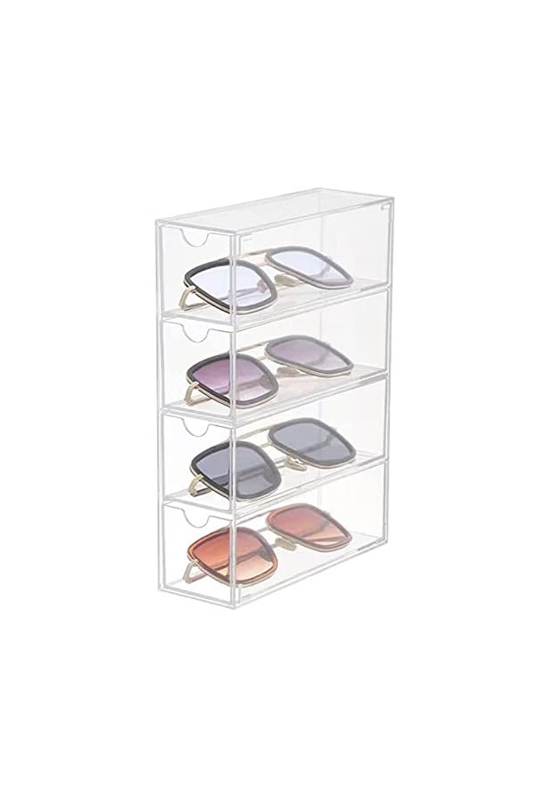 HOJKMA Boîte de rangement transparente en acrylique pour lunettes de soleil, 4 tiroirs, empilable, boîte de rangement pour lu