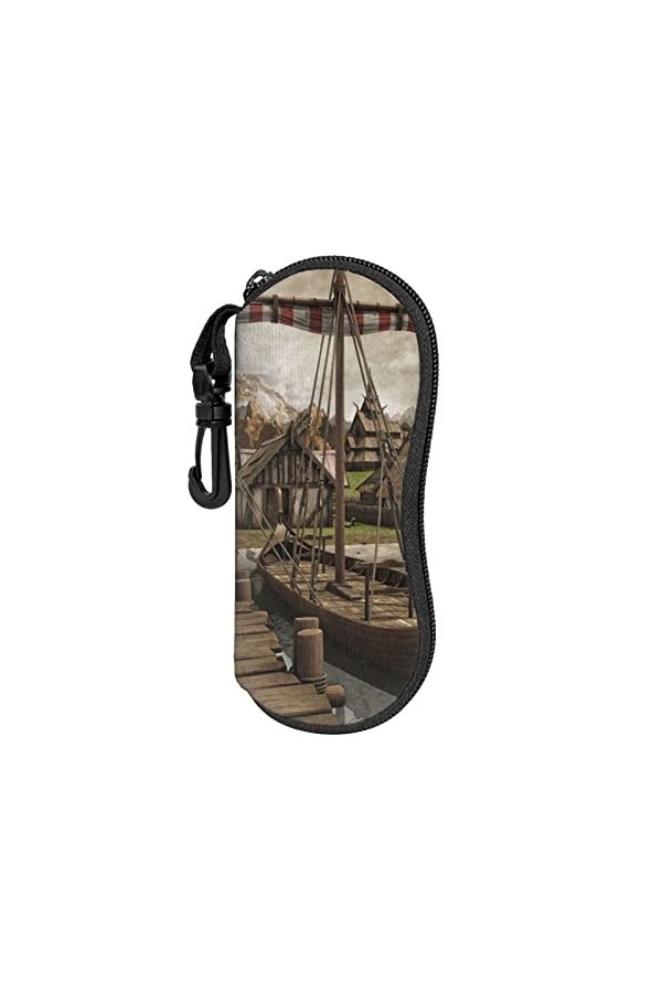 Étui à lunettes portable pour homme et femme, motif bateau viking, fermeture éclair avec mousqueton