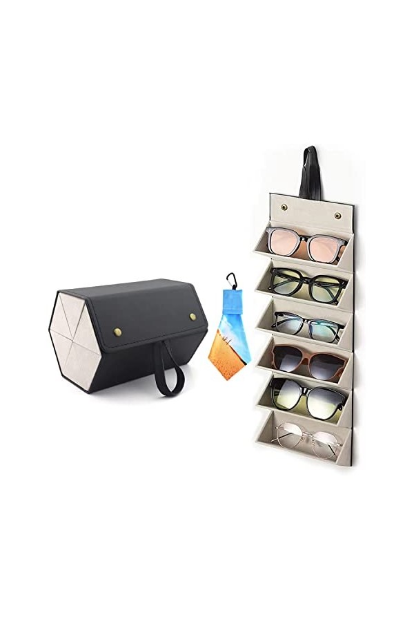 Organiseur de lunettes de soleil 6 emplacements, étui de rangement pliable avec mousqueton, chiffon de nettoyage super doux p