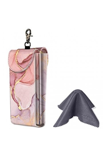 molshine Étui à lunettes double en cuir vegan avec chiffon de nettoyage, Marbre rose., L