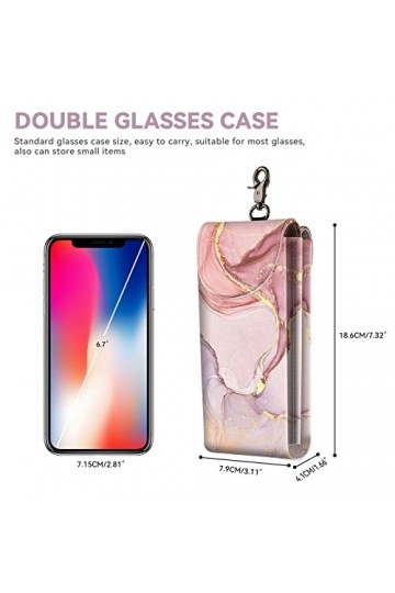 molshine Étui à lunettes double en cuir vegan avec chiffon de nettoyage, Marbre rose., L