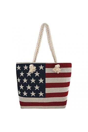 Western Origin Drapeau américain brodé Sac fourre-tout Sac de plage Stars and Stripes Poignées en corde Sac à bandoulière Fem
