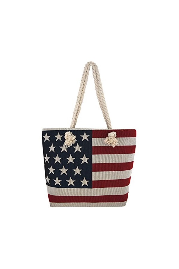 Western Origin Drapeau américain brodé Sac fourre-tout Sac de plage Stars and Stripes Poignées en corde Sac à bandoulière Fem