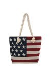 Western Origin Drapeau américain brodé Sac fourre-tout Sac de plage Stars and Stripes Poignées en corde Sac à bandoulière Fem