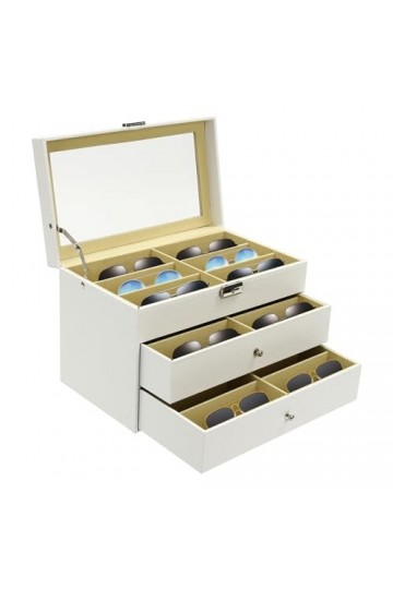 Kaichenyt Boîte à lunettes 3 couches pour ranger 18 lunettes en cuir synthétique avec serrure et clé Blanc 33,2 x 7,48 x 8,86